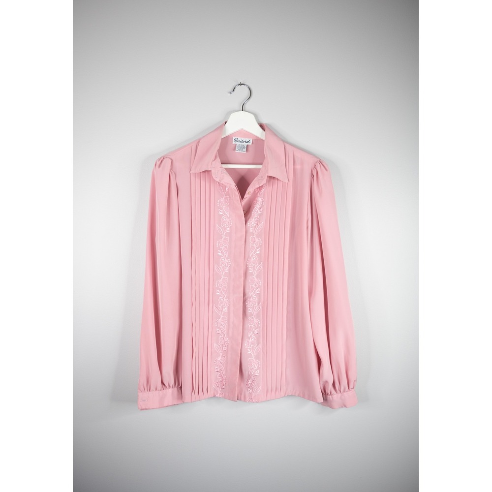 Gailord Blouse Women 16‎ Pink Excellent Vintage Embroidered Pintuck Long Sleeve